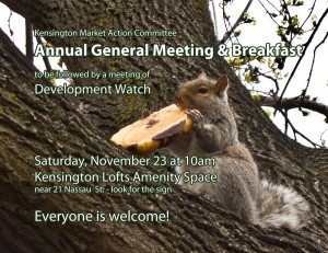 Front of 2013 KMAC AGM invite postcard - squirrel eating a toasted chocolate bagel